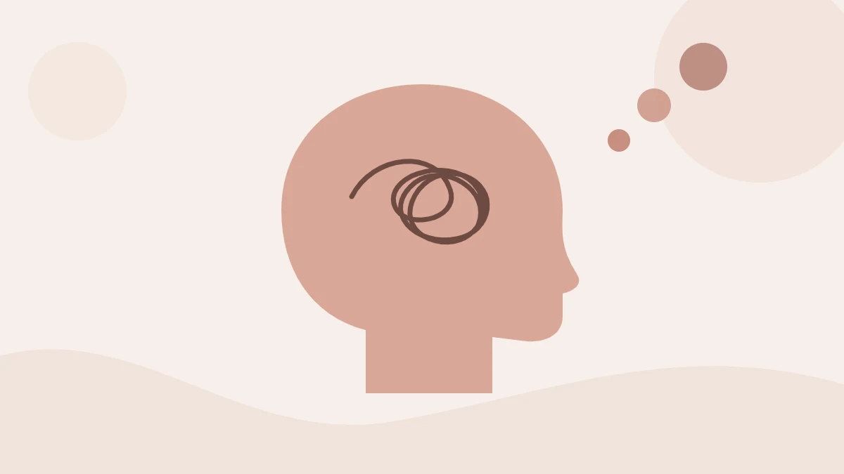 Ilustración de una cabeza de perfil con un hilo enredado dentro: pensamientos intrusivos